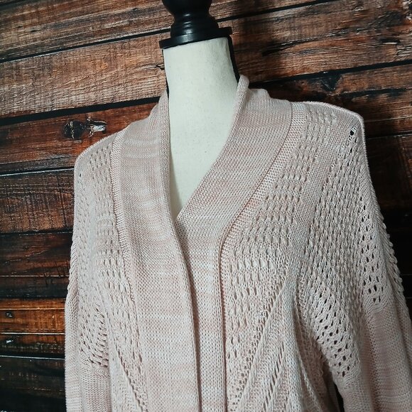 Leo & Nicole Cardigan Sweater XL Open Long Pointelle Loose Weave Knit Light Pink - Picture 4 of 10